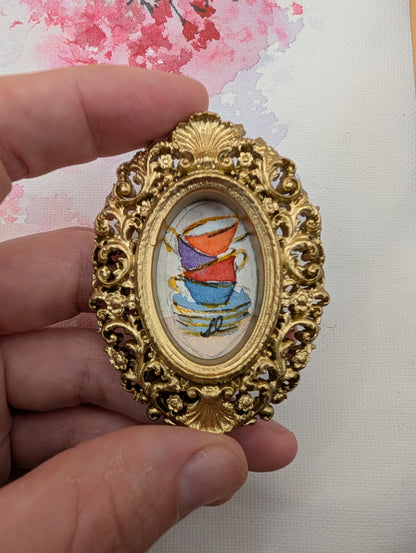 Mini Stack of Teacups Painting - Original Watercolor Art by Lora Cavallin