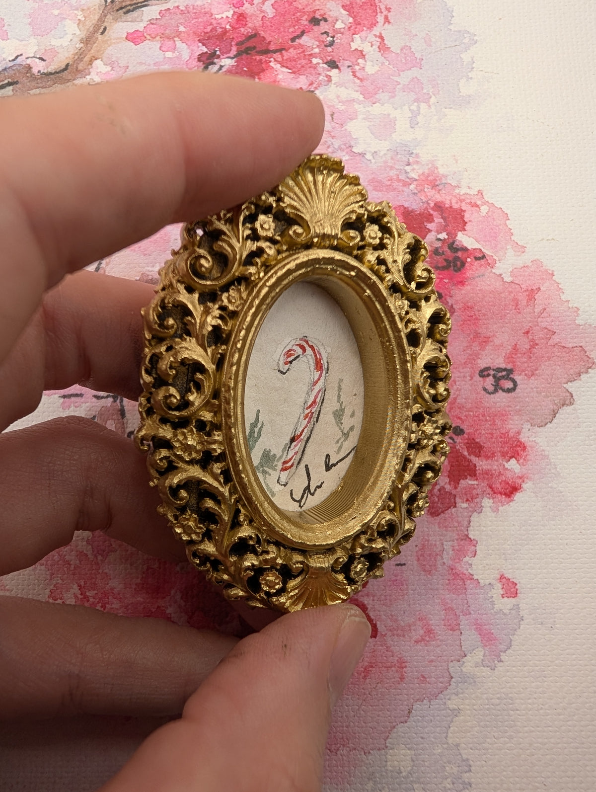 Mini Candy Cane Painting - Original Watercolor Art by Lora Cavallin