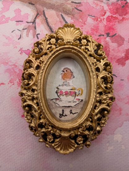 Mini Robin Bird on Teacup Painting - Original Watercolor Art by Lora Cavallin