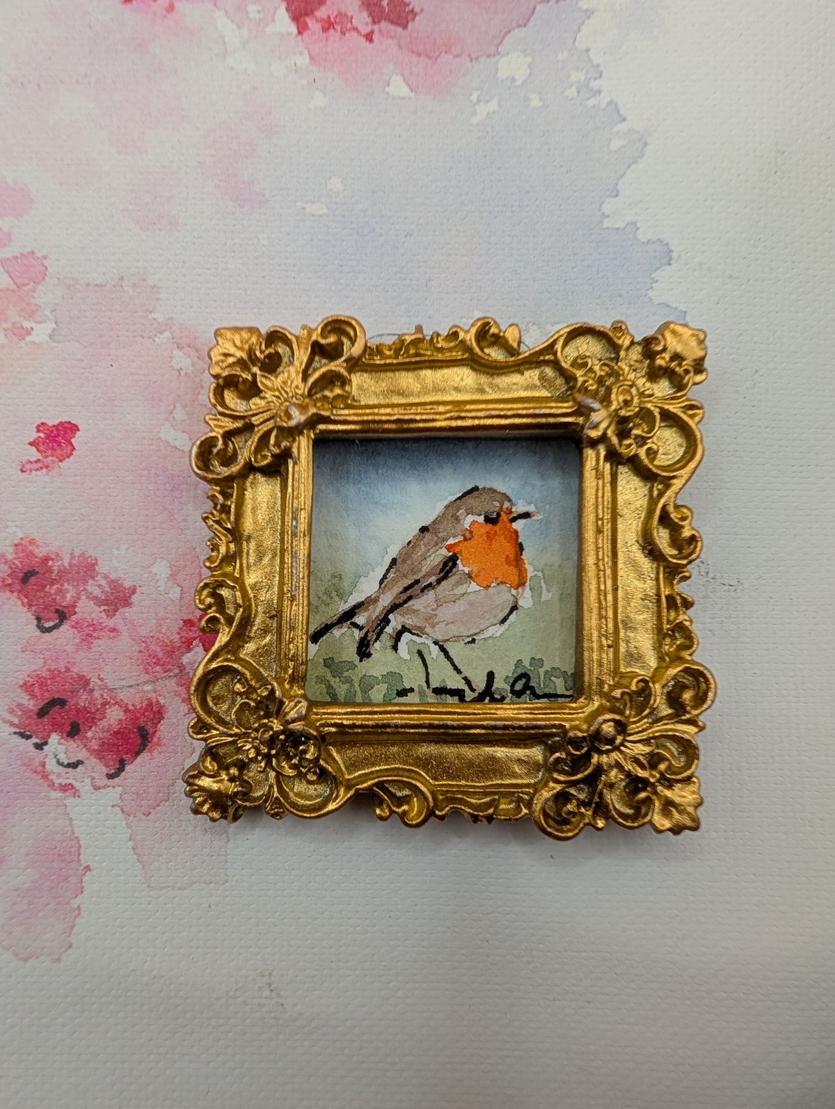 Mini Robin Bird Painting - Original Watercolor Art by Lora Cavallin