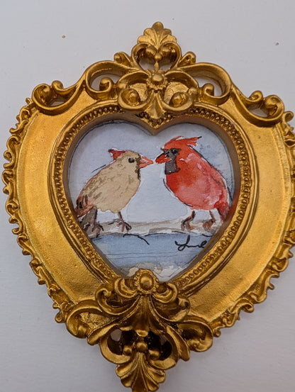 Mini Male and Female Cardinal Birds Painting - Original Watercolor Art by Lora Cavallin