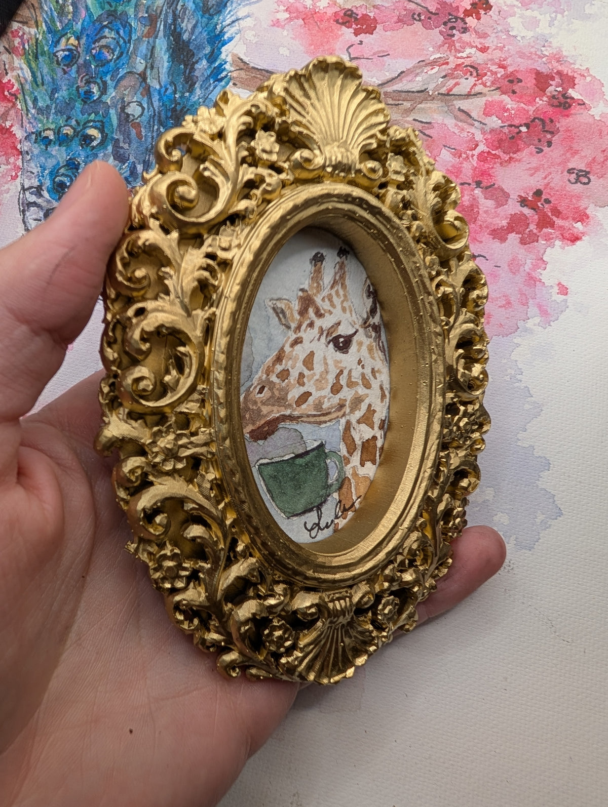 Mini Giraffe with Coffee Mug Painting - Original Watercolor Art by Lora Cavallin