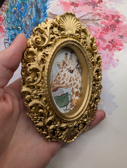 Mini Giraffe with Coffee Mug Painting - Original Watercolor Art by Lora Cavallin