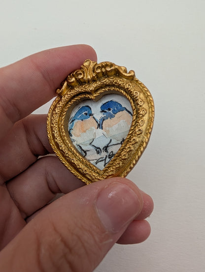 Mini Bluebirds in Love Painting - Original Watercolor Art by Lora Cavallin