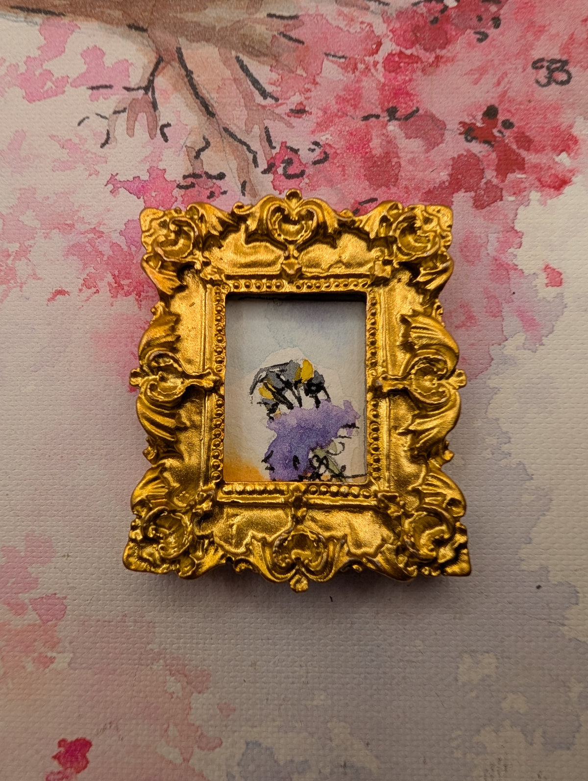 Mini Bee on Flower Painting - Original Watercolor Art by Lora Cavallin