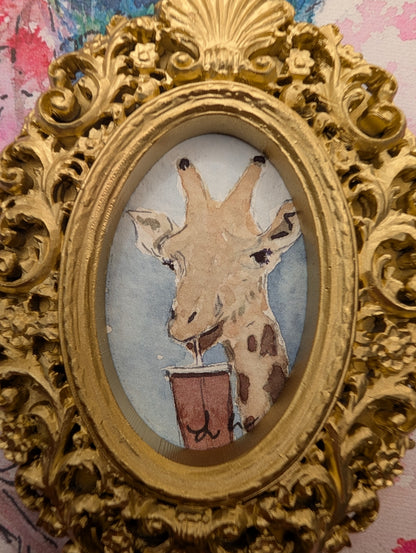 Mini Giraffe with Iced Drink Painting - Original Watercolor Art by Lora Cavallin