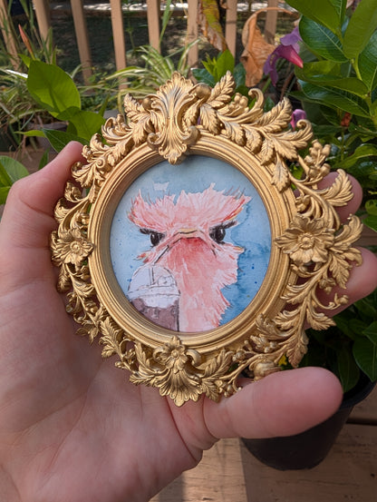 Ostrich and Ice Coffee — Round Framed Art Print