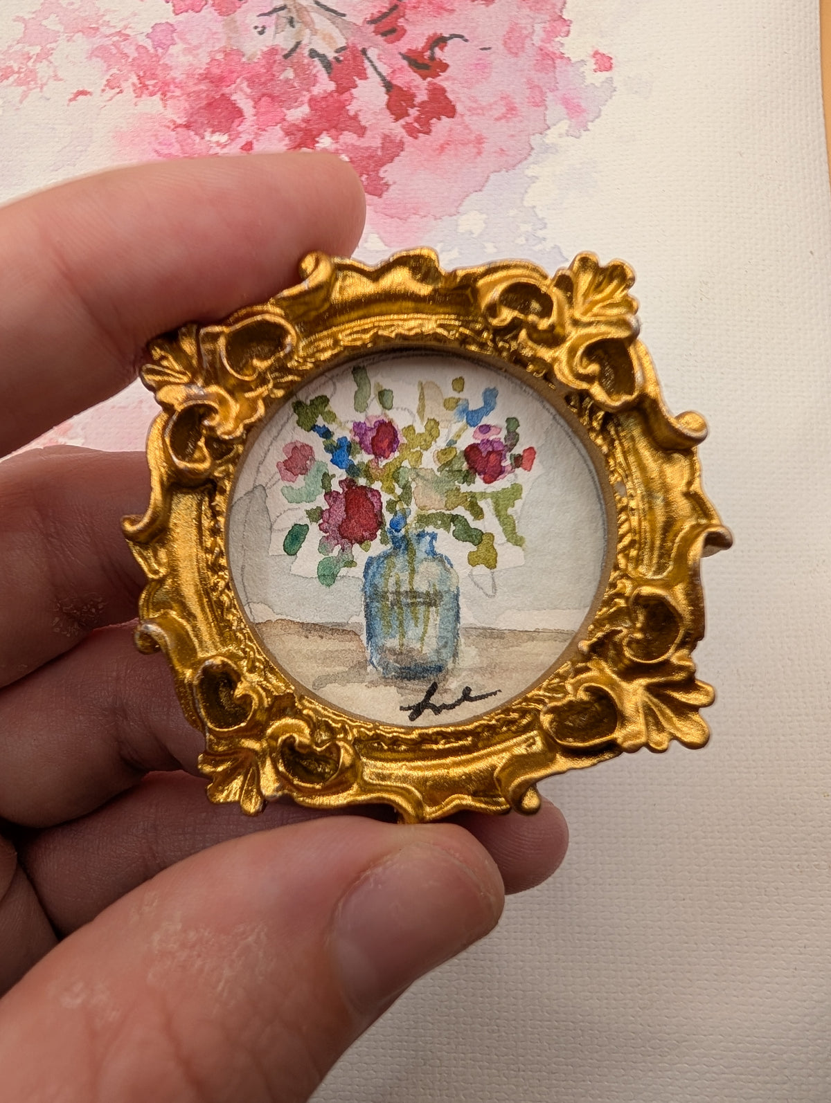 Mini Vase of Flowers Painting - Original Watercolor Art by Lora Cavallin