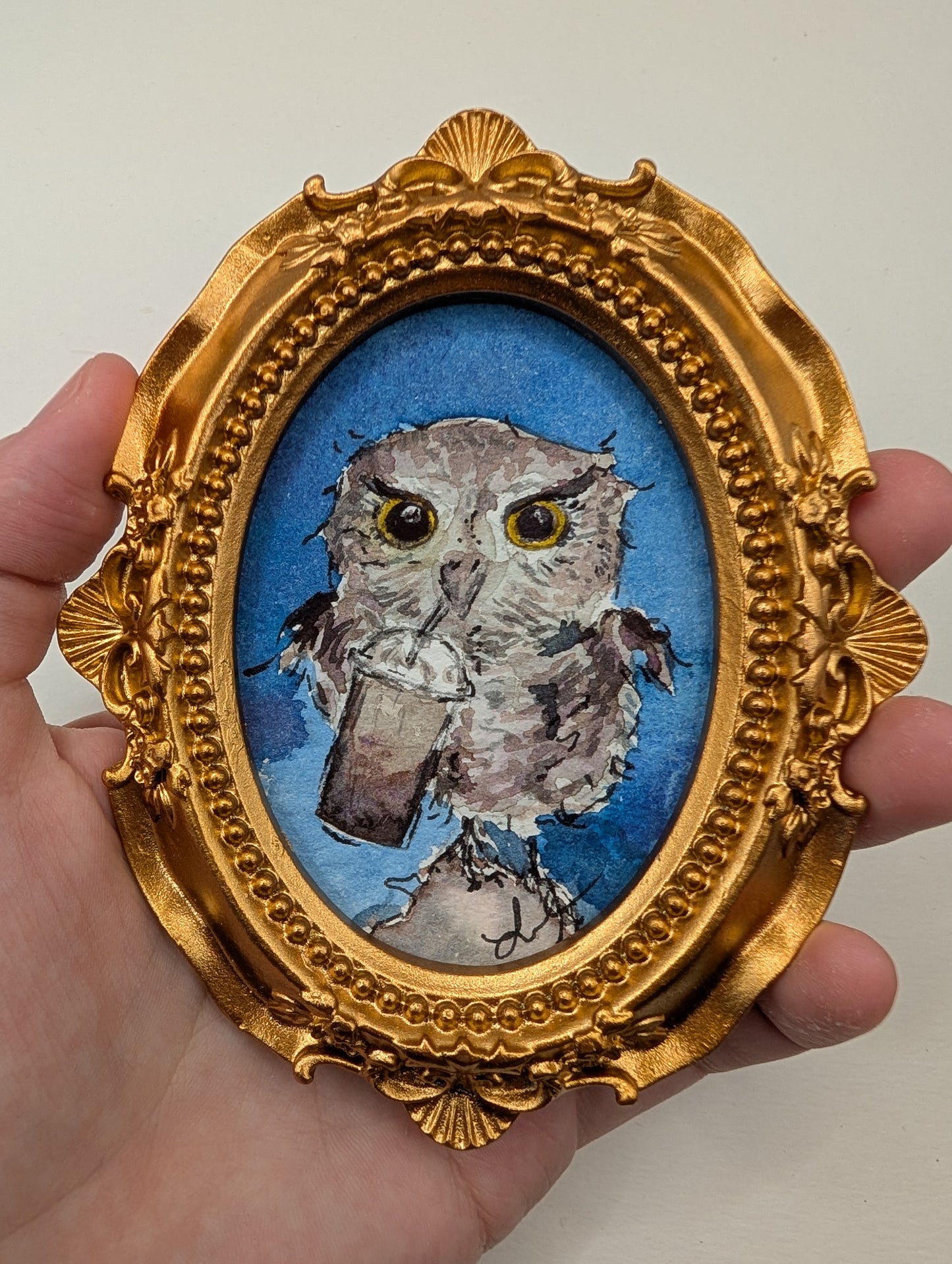 Mini Owl with Frozen Coffee Painting - Original Watercolor Art by Lora Cavallin