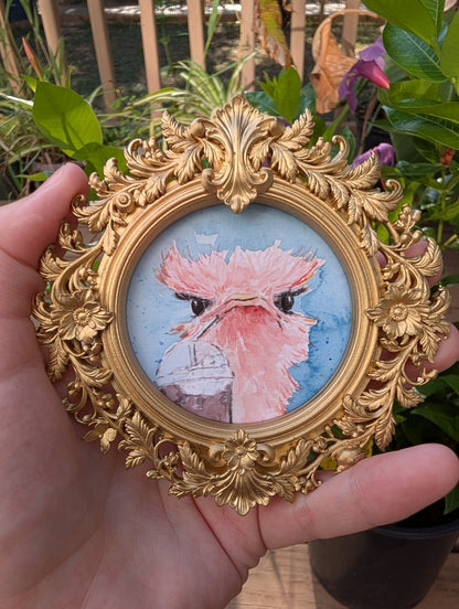 Ostrich and Ice Coffee — Round Framed Art Print