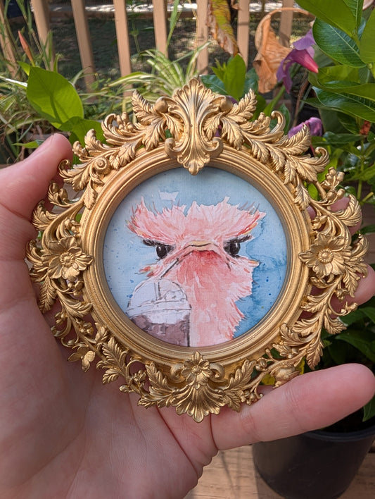 Ostrich and Ice Coffee — Round Framed Art Print