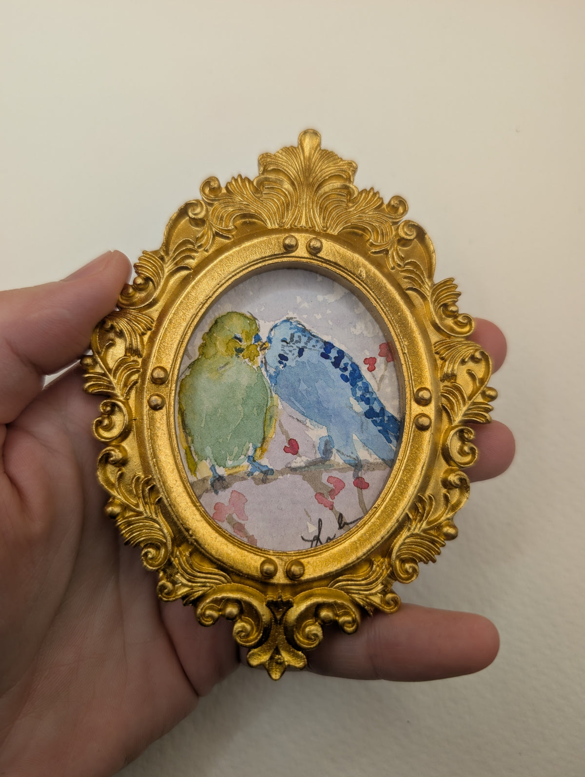 Mini Parakeet Birds in Love Painting - Original Watercolor Art by Lora Cavallin