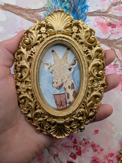 Mini Giraffe with Iced Drink Painting - Original Watercolor Art by Lora Cavallin