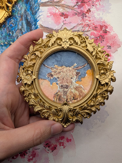 Mini Highland Cow Painting - Original Watercolor Art by Lora Cavallin