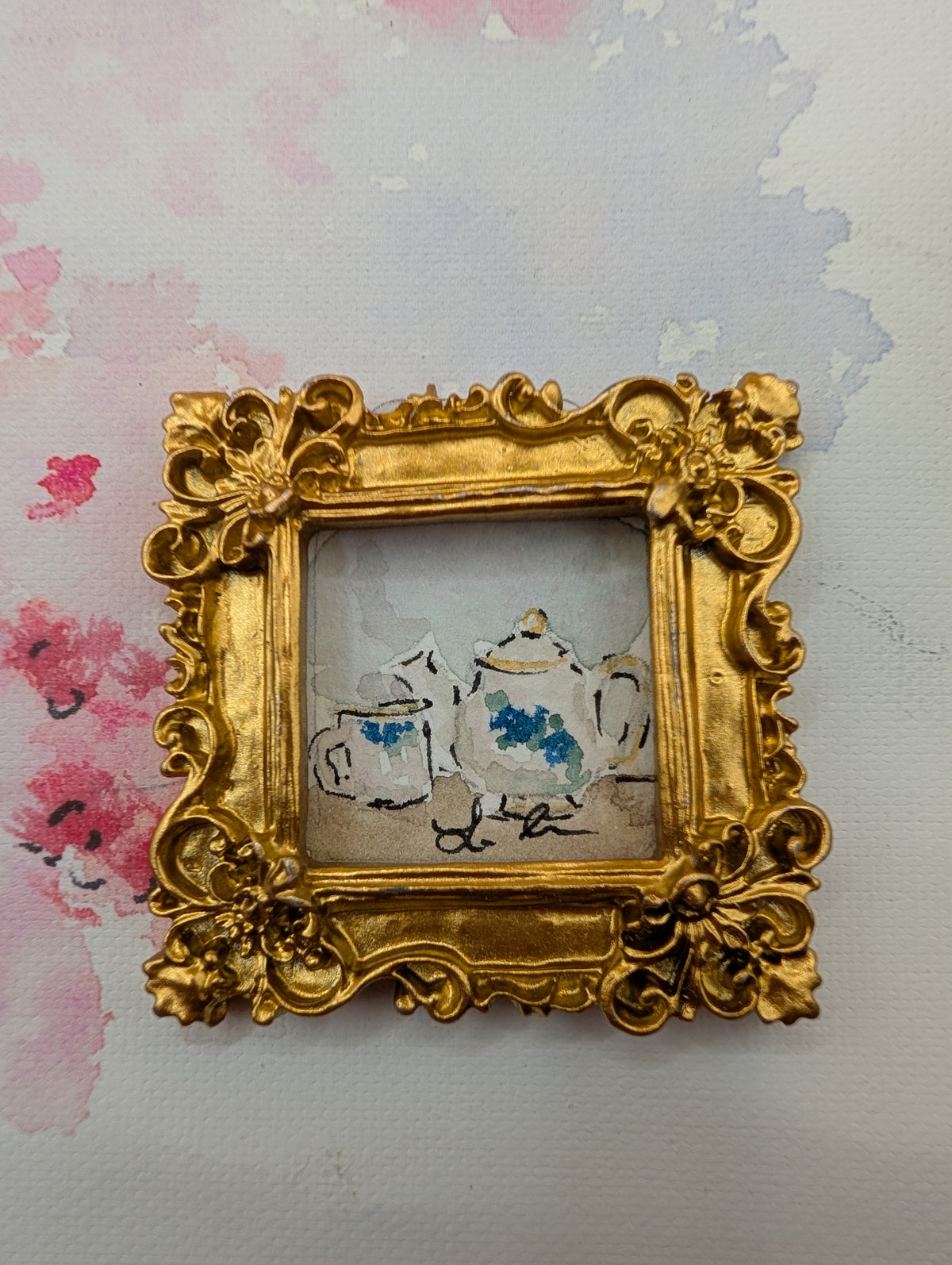 Mini Teapot and Teacup Painting - Original Watercolor Art by Lora Cavallin