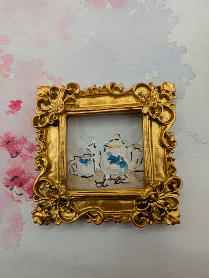 Mini Teapot and Teacup Painting - Original Watercolor Art by Lora Cavallin