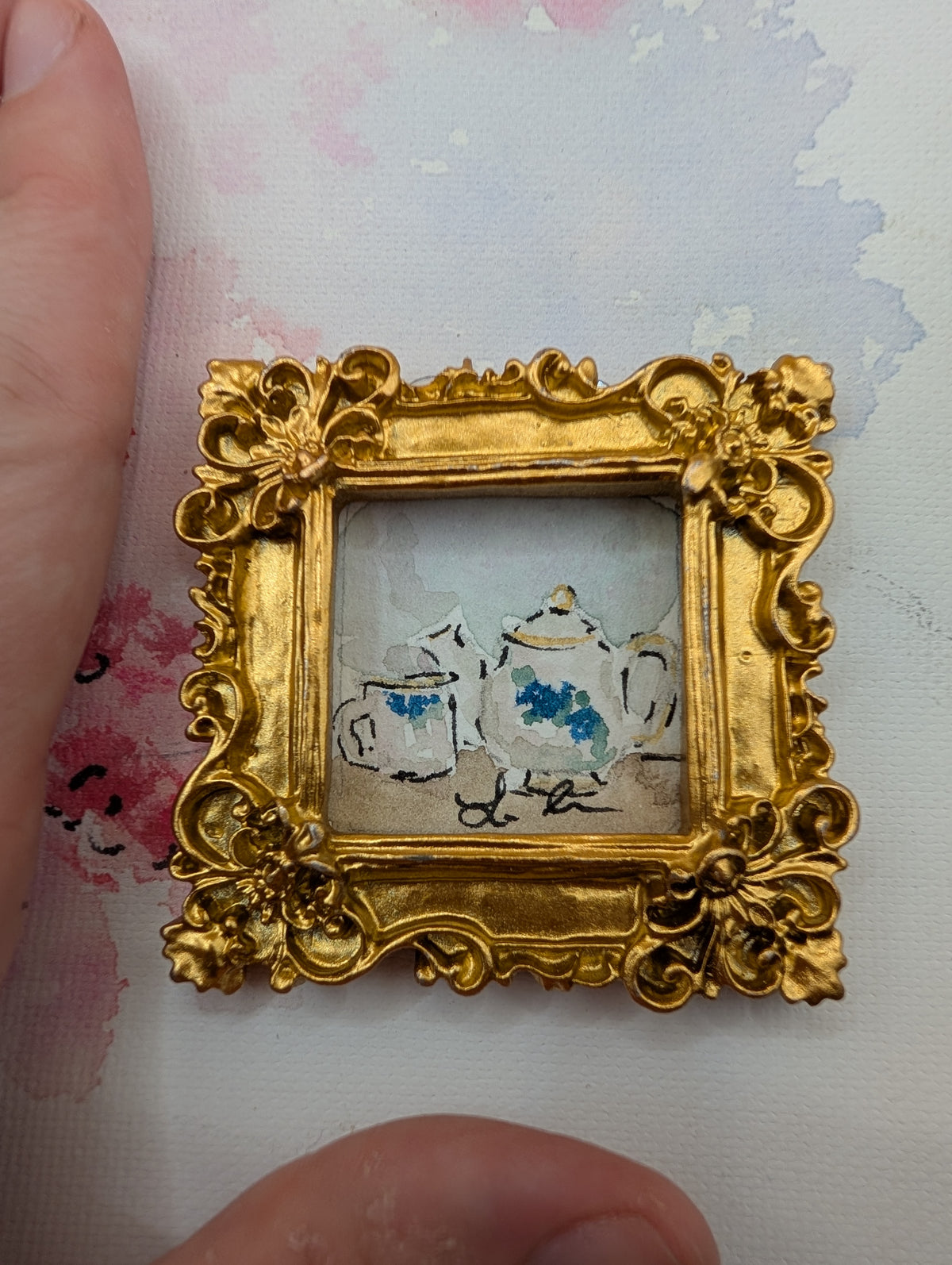 Mini Teapot and Teacup Painting - Original Watercolor Art by Lora Cavallin