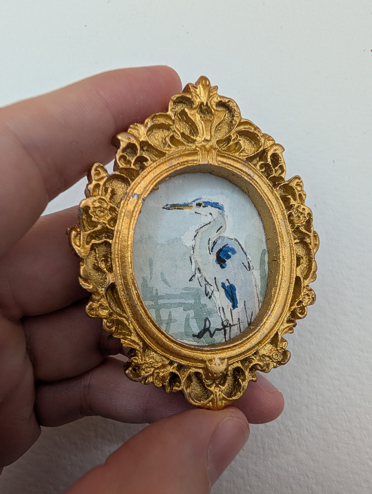 Mini Blue Heron Painting - Original Watercolor Art by Lora Cavallin