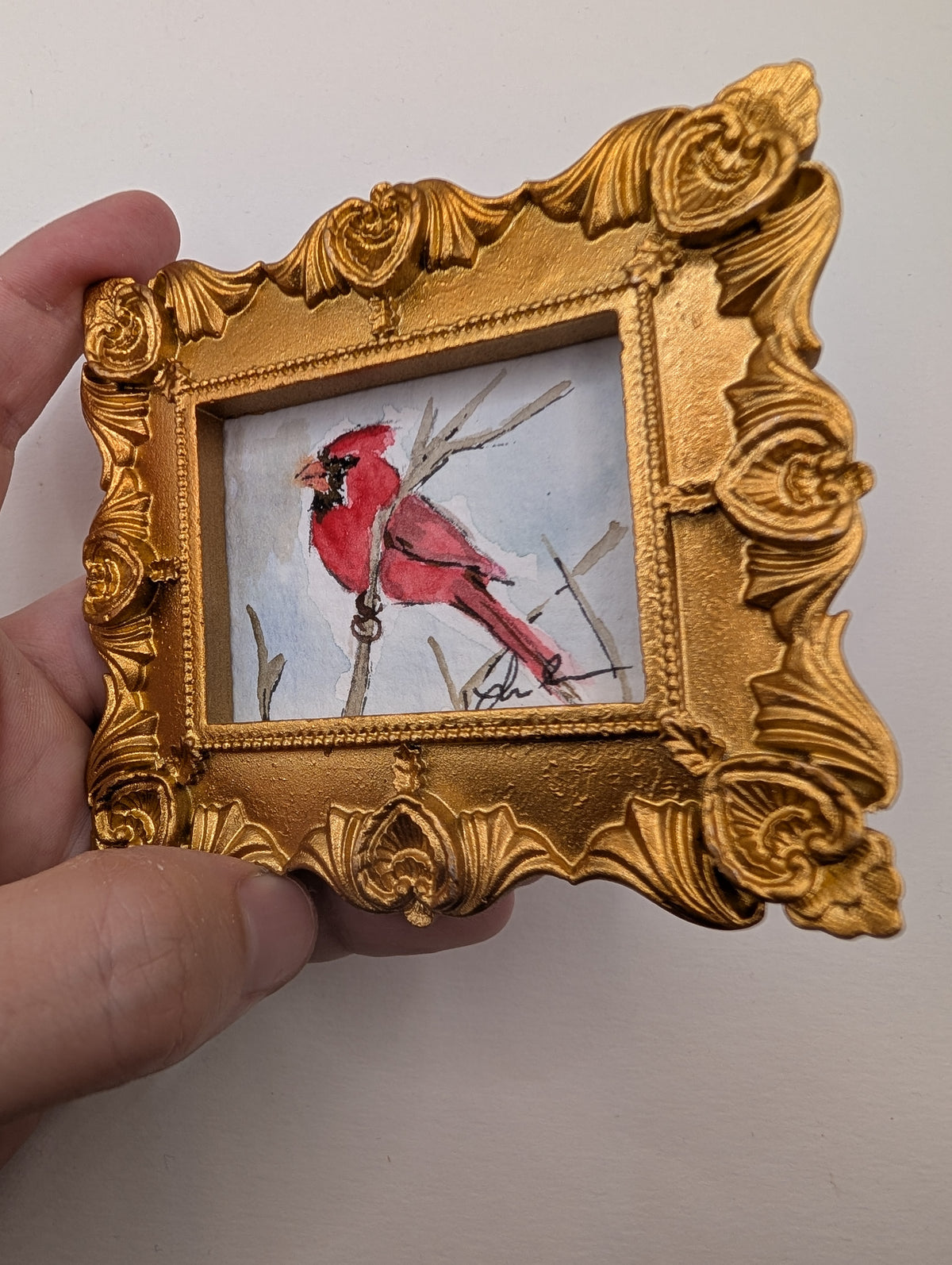 Mini Cardinal Painting - Original Watercolor Art by Lora Cavallin