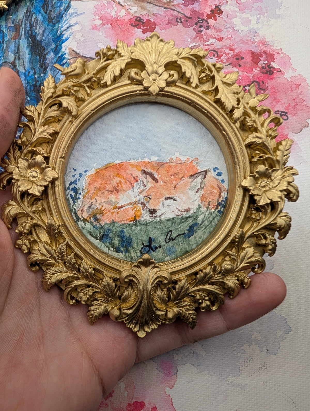 Mini Sleeping Fox Painting - Original Watercolor Art by Lora Cavallin