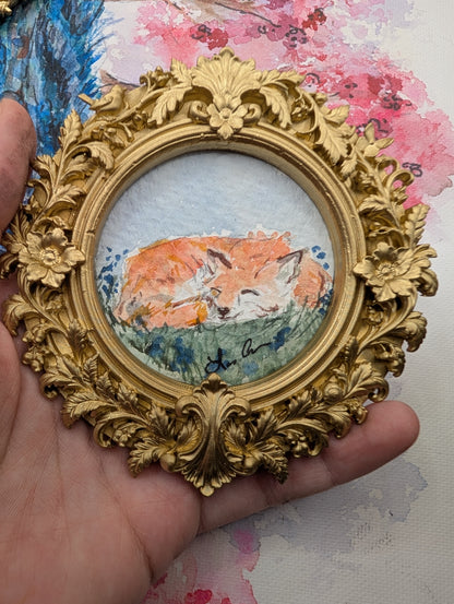 Mini Sleeping Fox Painting - Original Watercolor Art by Lora Cavallin