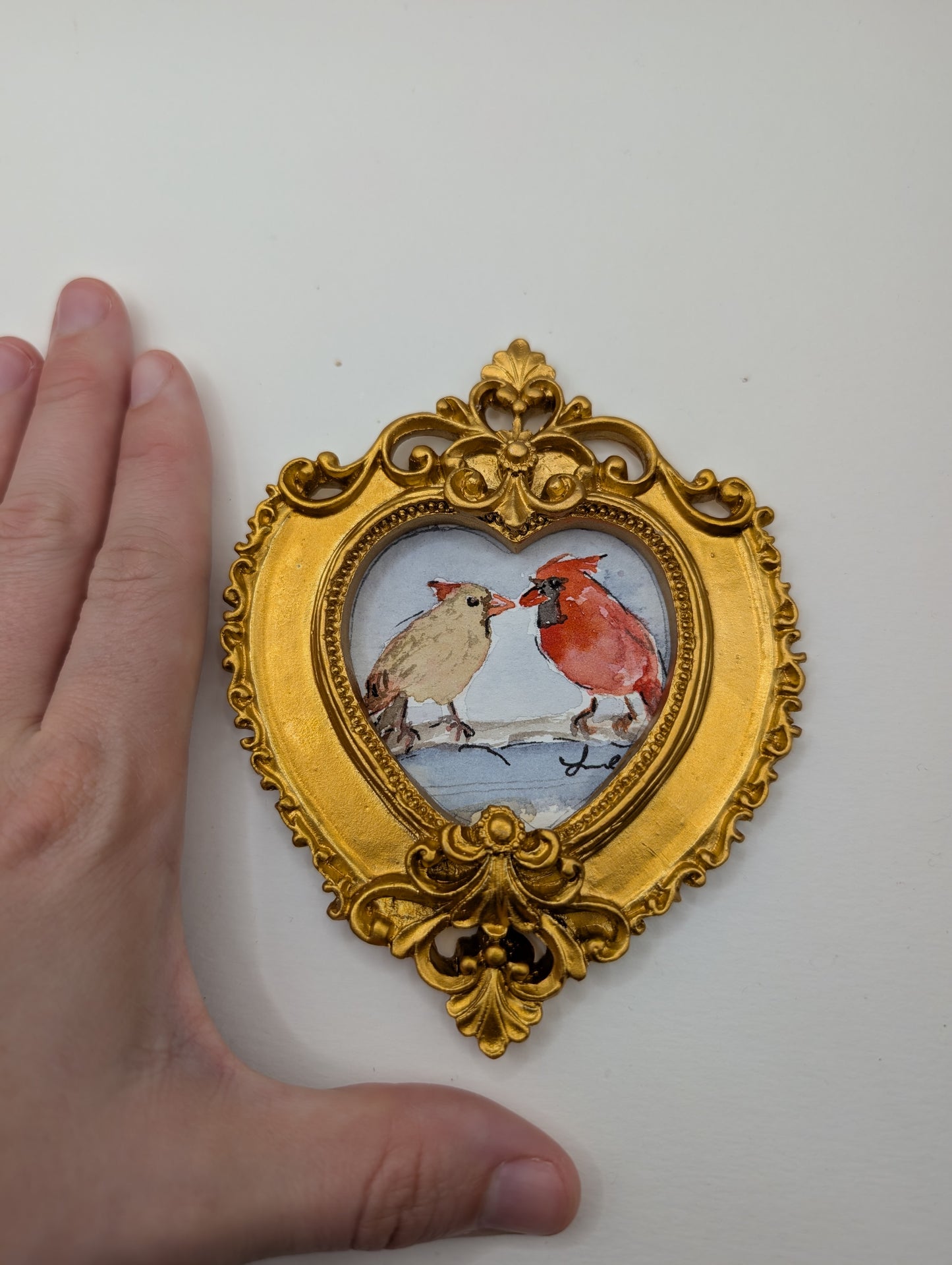 Mini Male and Female Cardinal Birds Painting - Original Watercolor Art by Lora Cavallin