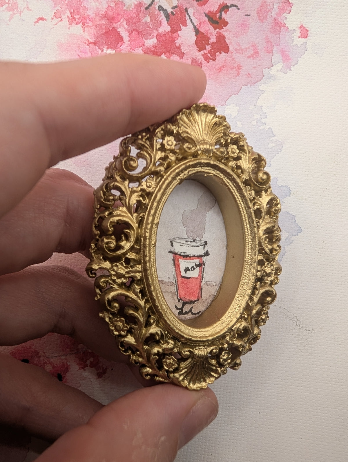 Mini Mocha Coffee Painting - Original Watercolor Art by Lora Cavallin