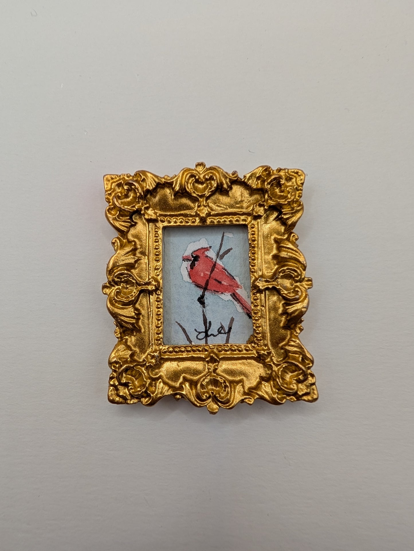 Mini Cardinal Bird Painting - Original Watercolor Art by Lora Cavallin