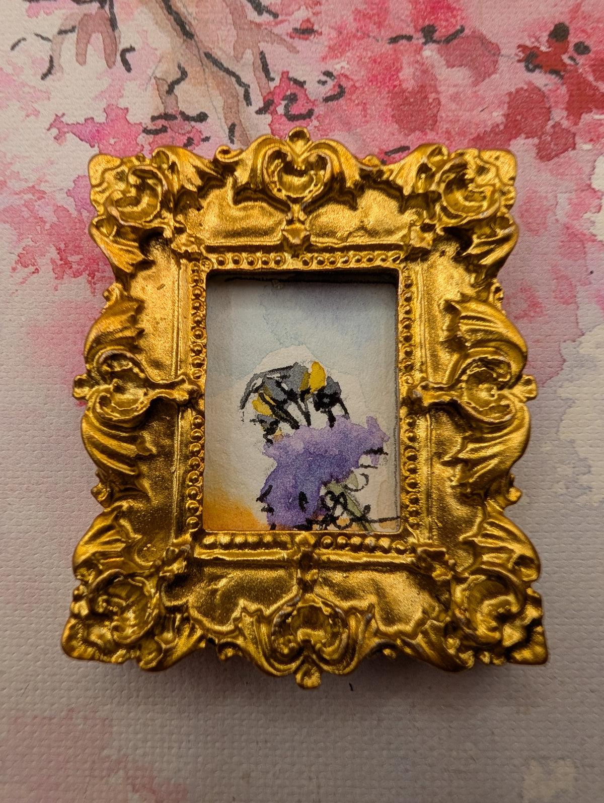 Mini Bee on Flower Painting - Original Watercolor Art by Lora Cavallin