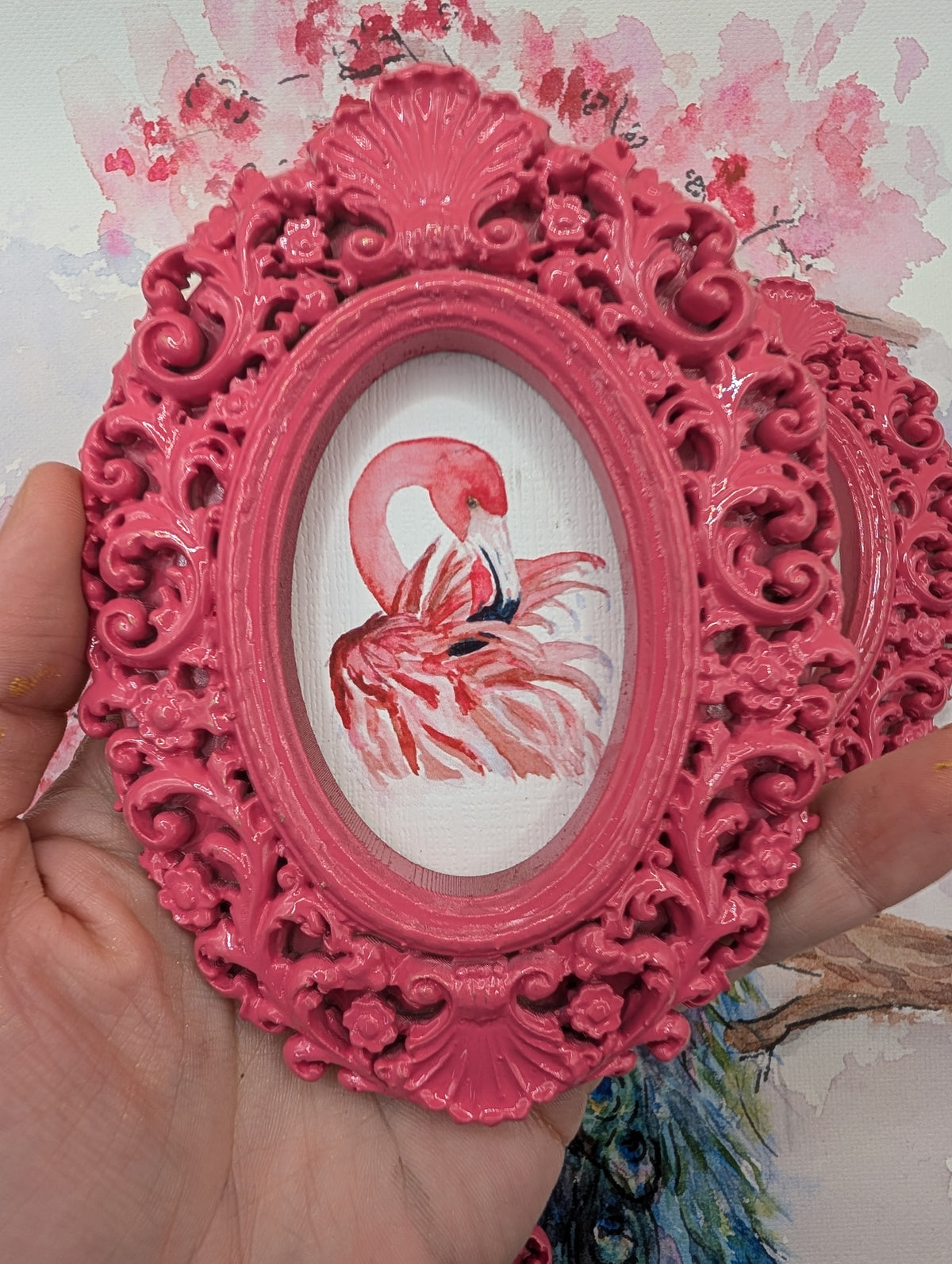 Flamingos and Flowers Art Print Set of Three - With Pink Frames - Watercolor Design
