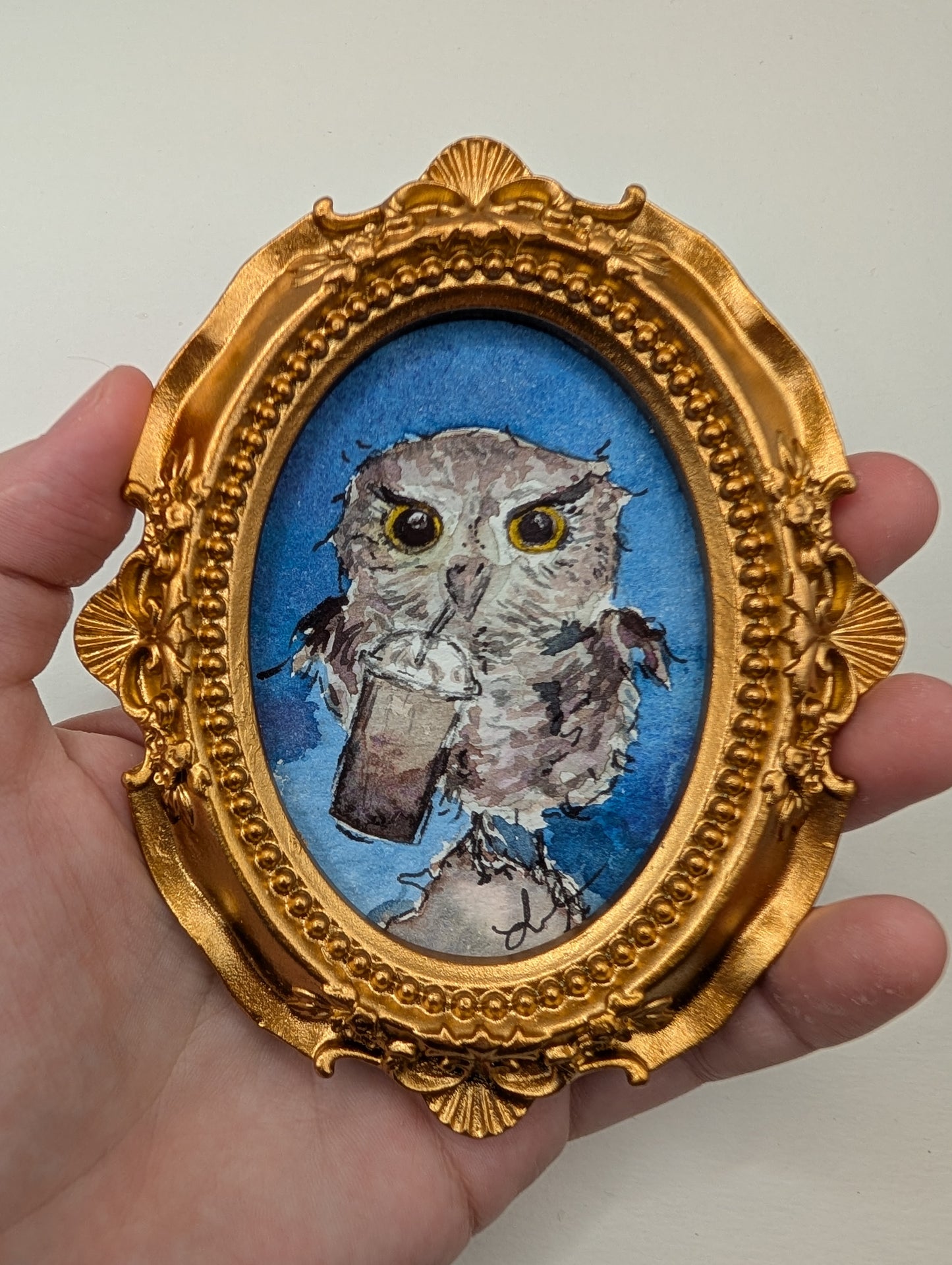 Mini Owl with Frozen Coffee Painting - Original Watercolor Art by Lora Cavallin