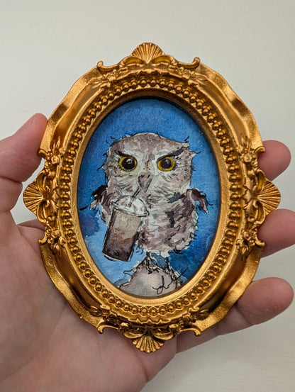 Mini Owl with Frozen Coffee Painting - Original Watercolor Art by Lora Cavallin
