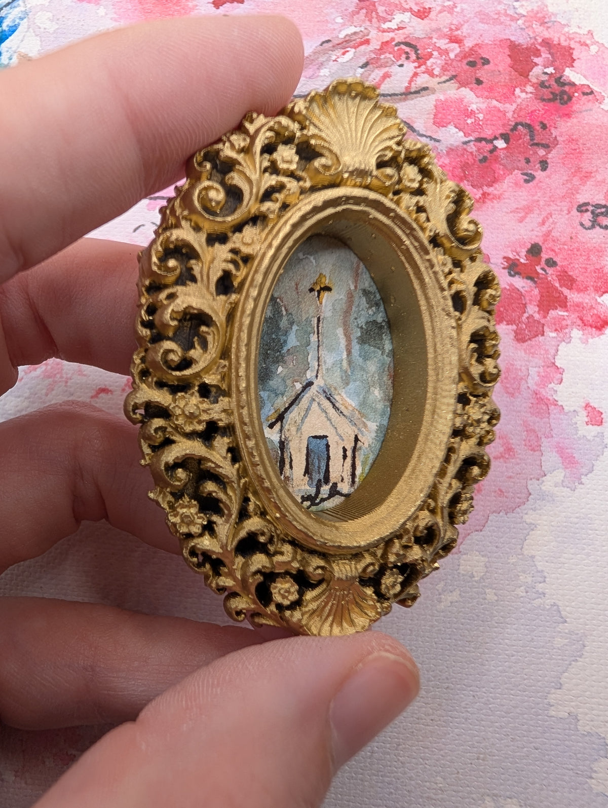 Mini Church Painting - Original Watercolor Art by Lora Cavallin
