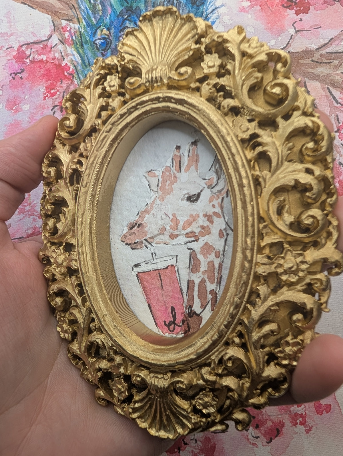 Mini Giraffe with Pink Drink Painting - Original Watercolor Art by Lora Cavallin