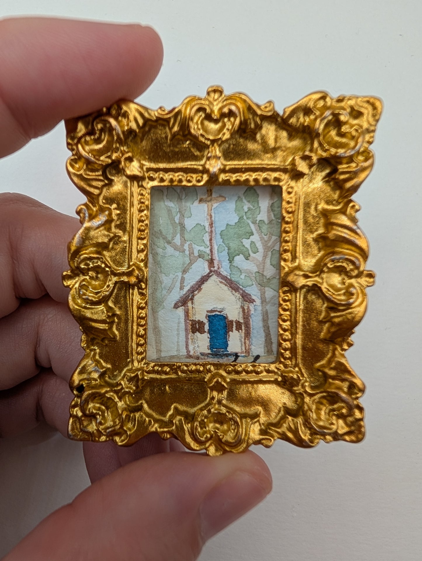 Mini Church Painting - Original Watercolor Art by Lora Cavallin