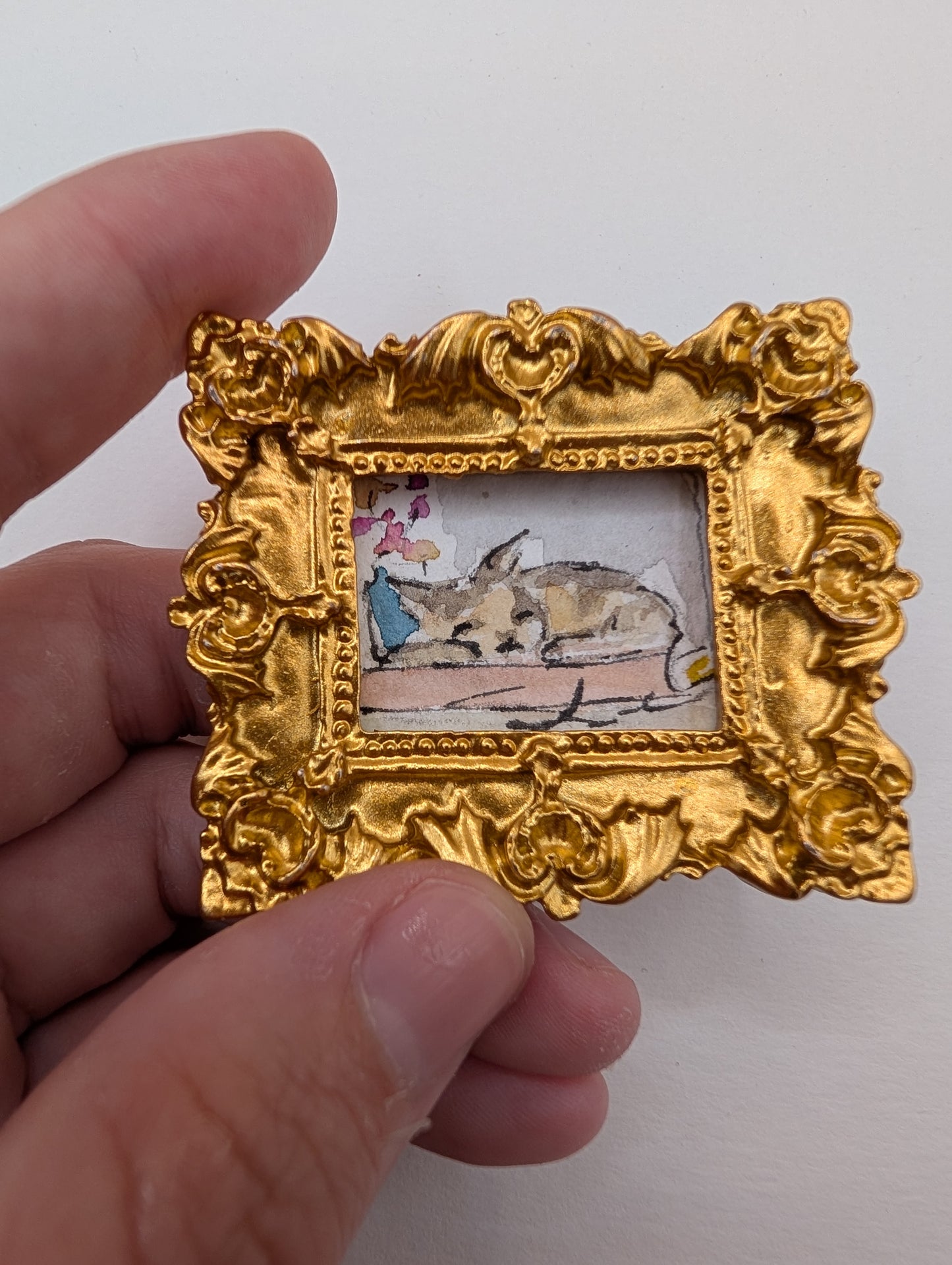 Mini Sleeping Cat Painting - Original Watercolor Art by Lora Cavallin