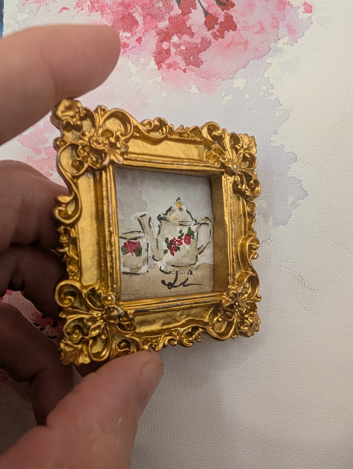Mini Teapot and Teacup Painting - Original Watercolor Art by Lora Cavallin