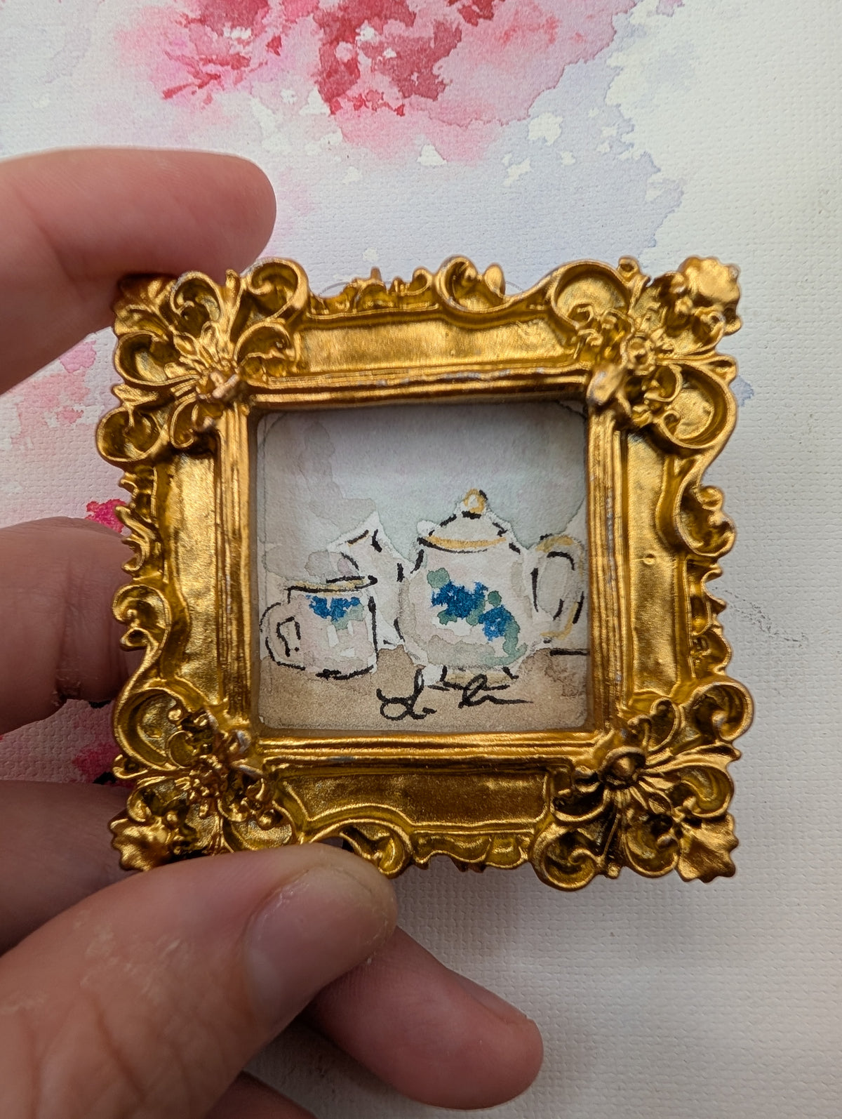 Mini Teapot and Teacup Painting - Original Watercolor Art by Lora Cavallin