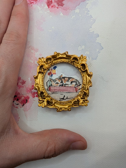 Mini Sleeping Cat on Book Painting - Original Watercolor Art by Lora Cavallin