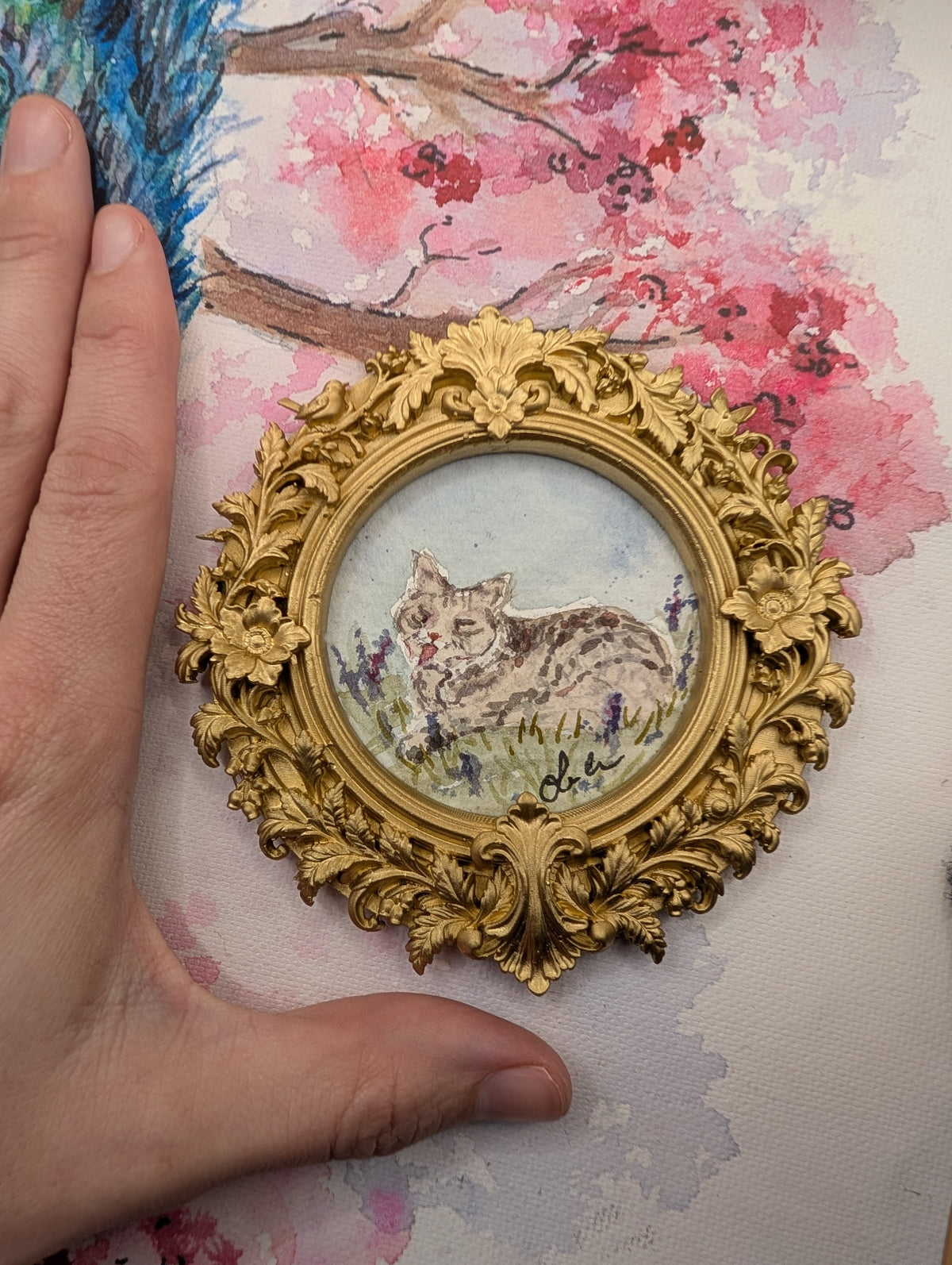Mini Cat in Field Painting - Original Watercolor Art by Lora Cavallin