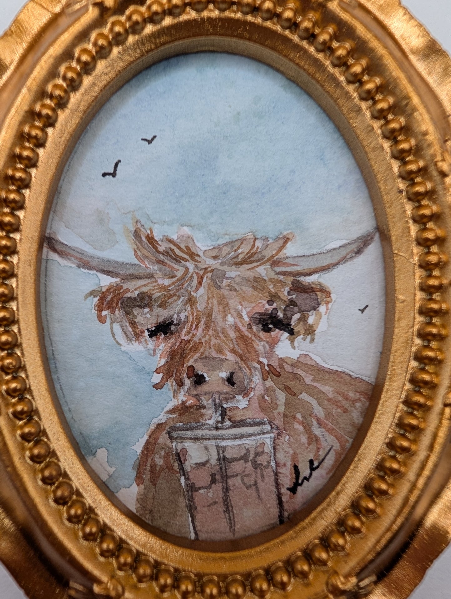 Mini Cow with Iced Drink Painting - Original Watercolor Art by Lora Cavallin