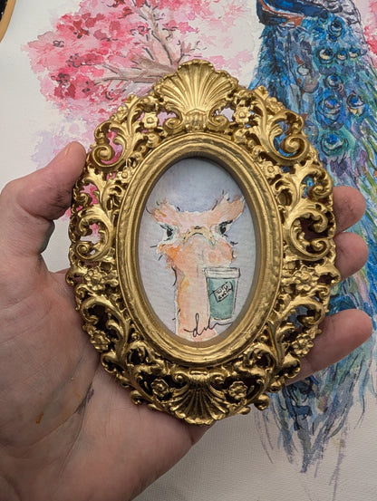 Mini Ostrich with Coffee Painting - Original Watercolor Art by Lora Cavallin