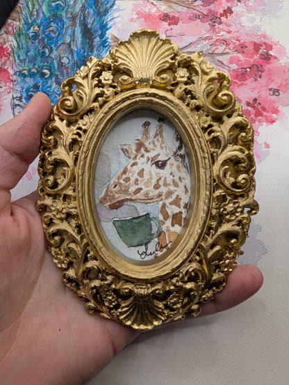 Mini Giraffe with Coffee Mug Painting - Original Watercolor Art by Lora Cavallin