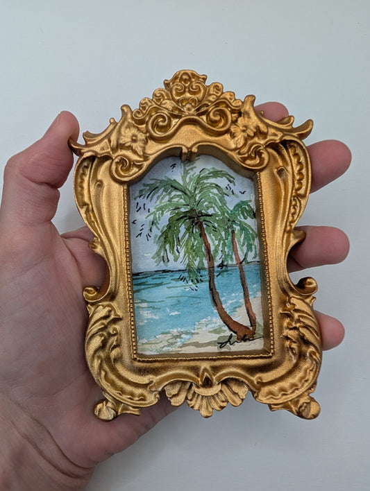 Mini Palm Tree Beach Painting - Original Watercolor Art by Lora Cavallin