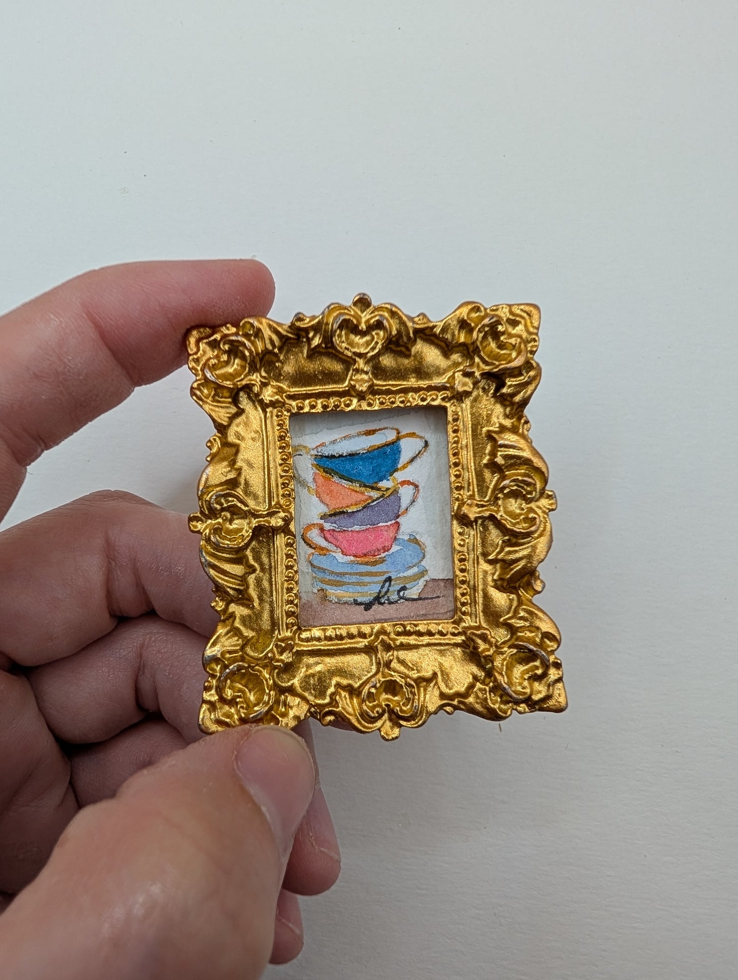 Mini Stack of Teacups Painting - Original Watercolor Art by Lora Cavallin