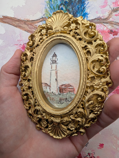 Mini Lighthouse Painting - Original Watercolor Art by Lora Cavallin
