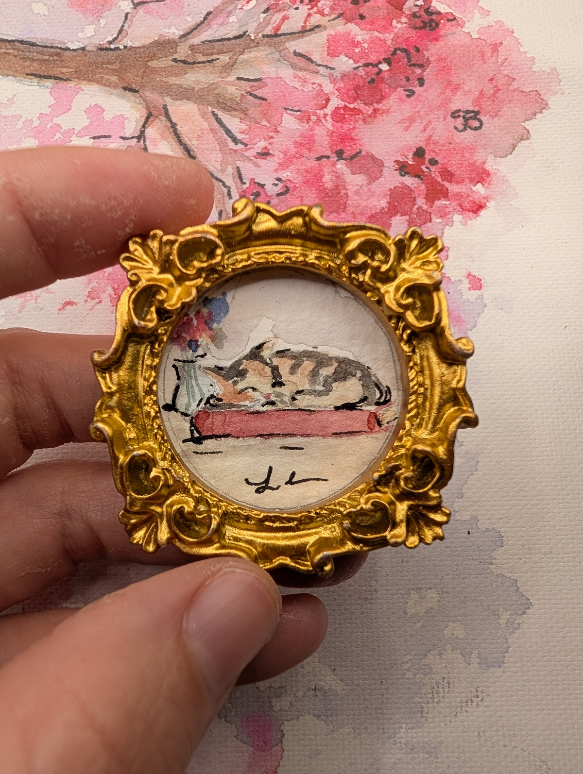 Mini Sleeping Cat Painting - Original Watercolor Art by Lora Cavallin