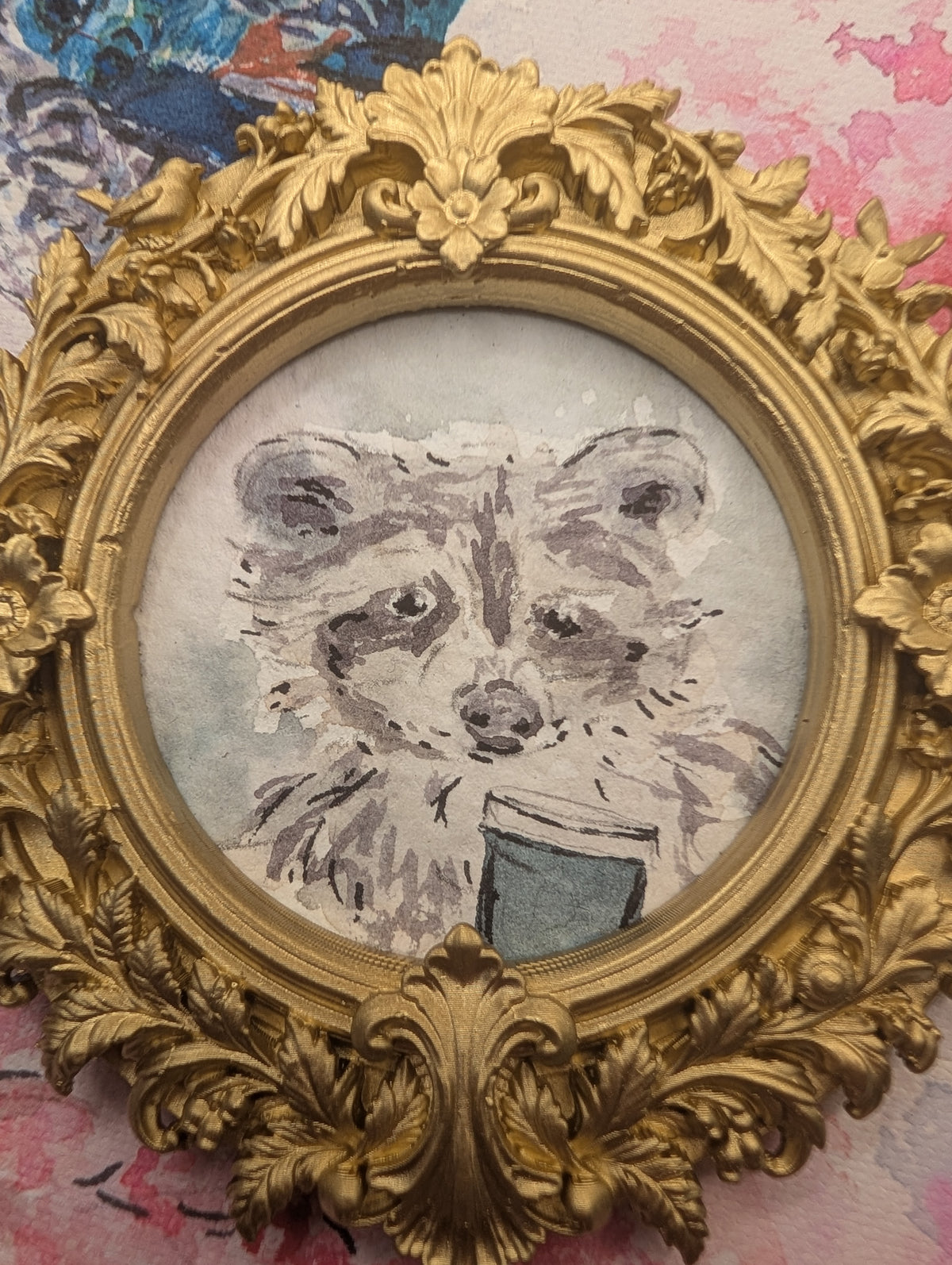 Mini Raccoon with Coffee Painting - Original Watercolor Art by Lora Cavallin