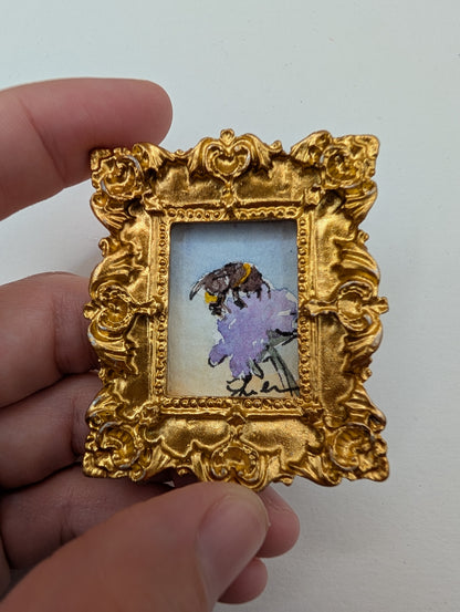 Mini Bee on Flower Painting - Original Watercolor Art by Lora Cavallin