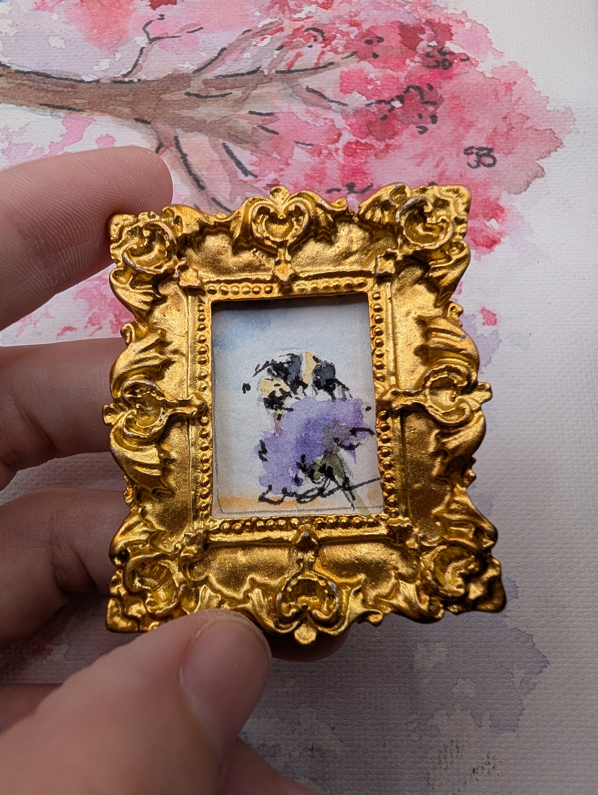 Mini Bee on Flower Painting - Original Watercolor Art by Lora Cavallin